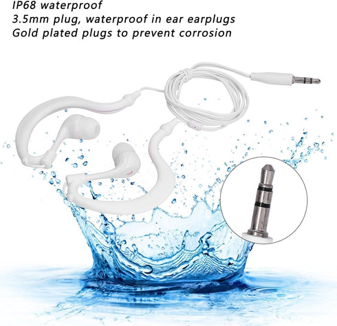 Swimming Headphones 3.5mm Plug, IP68 Waterproof Conduction Earbuds, Water Resistant for Running, Surfing, Diving - White
