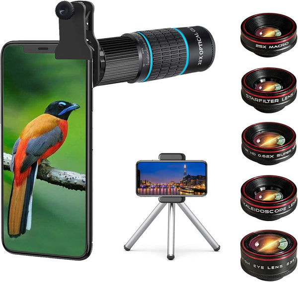 Phone Camera Lens Kit 10 in 1 for iPhone, Samsung, Android, 22X Telephoto, 0.62X Wide Angle, Macro, Black