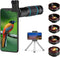 Phone Camera Lens Kit 10 in 1 for iPhone, Samsung, Android, 22X Telephoto, 0.62X Wide Angle, Macro, Black
