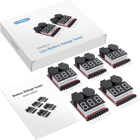 CAMWAY 5PCS 2in1 Lipo Battery Voltage Tester, RC Low Voltage Buzzer Alarm, Battery Monitor Checker for 1-8s Lipo/Li-ion