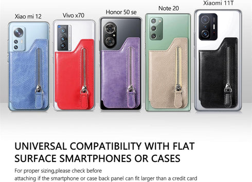 Phone Wallet Stick On, Flip PU Leather Card Holder with Zipper Closure Coin Pocket, Magnetic Closure for