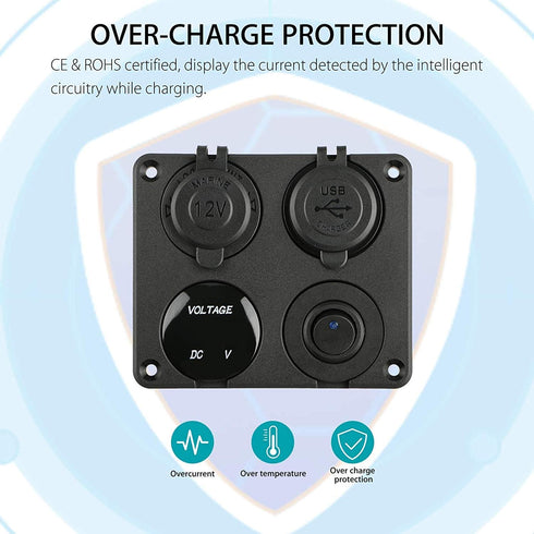 Linkstyle 4 in 1 Charger Socket Panel, 12V Dual USB Charger Socket & LED Voltmeter for Car & Marine