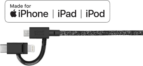 Native Union Belt Cable Universal 6.5ft, MFi Certified Durable Charging Cable with 3-in-1 Adaptor for Lightning, USB-C,