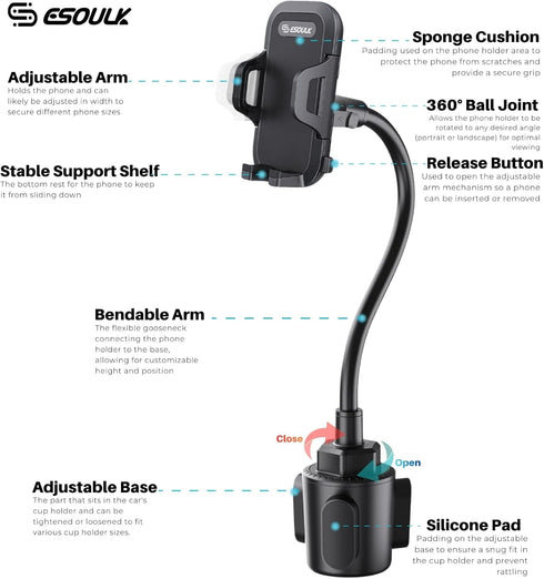 Esoulk 11 Car Cup Phone Holder, Car Phone Holder Cup Holder with Long Arm, Goose Neck Cupholder Phone Holder
