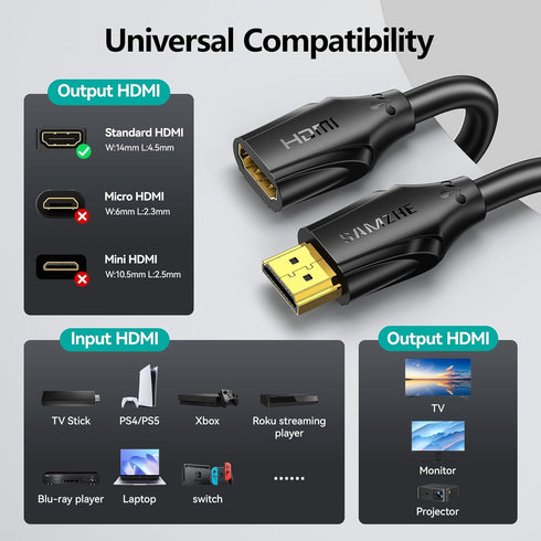 8K 3.3FT/1M 2.1, 8K@60hz 4K@120hz 48Gbps PS5/4 SAMZHE HDMI Extension Cable HDMI Extender HDMI Male to Female