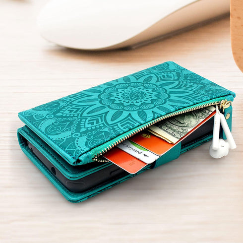Harryshell Detachable Magnetic Zipper Wallet Case for Samsung Galaxy A32 5G (2021), Flower Design (Blue Green)