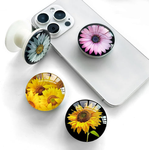 Expandible Collapsible Clear Crystal Glitter Mobile Phone Grip Stand Holder for Smartphones & Tablets (Sunflower