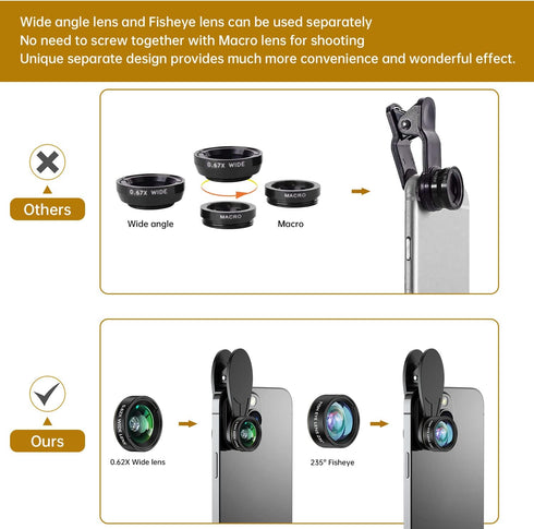 COSULAN Phone Camera Lens 3 in 1 Kit - 235° Fisheye Lens + 25X Macro Lens + 0.62X Wide Angle Lens for Smartphones