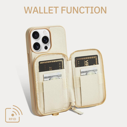 ZVE Wallet Case for iPhone 13 Pro with Wrist Strap, Zipper iPhone Case with RFID Blocking Card Holder Slot, Leather