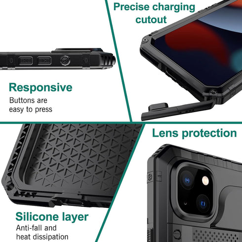 Marrkey Waterproof Case for iPhone 15, Heavy Duty Durable Metal Full Body Shockproof Dustproof Military Grade Defender