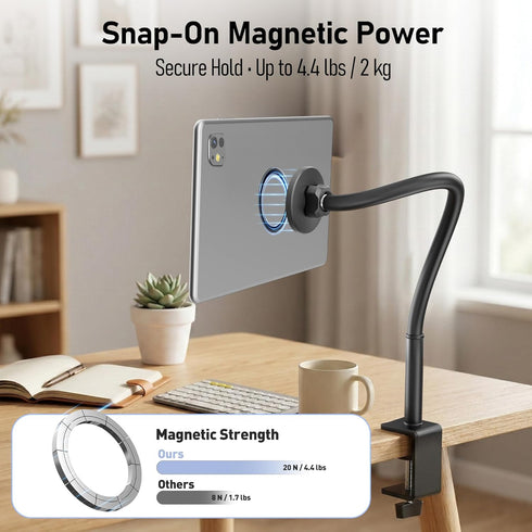 TeQable 360 4.7"-13.5" Magnetic Gooseneck Tablet Holder, iPad Desk Clamp Mount for Bed & Desk, Degree Adjustable Arm