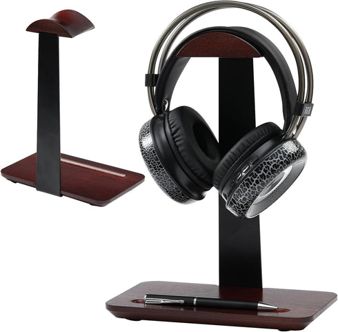 Vruelia Walnut Wood Headphone Stand with Pen Holder - Desktop Wooden Headphone Stand,
