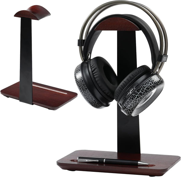 Vruelia Walnut Wood Headphone Stand with Pen Holder - Desktop Wooden Headphone Stand,