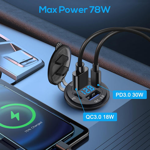 Linkstyle 12V USB Outlet Charger Socket Panel, Dual 18W QC3.0 USB-A & Dual 30W PD USB-C Port, LED Voltmeter for Car