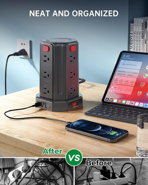 SMALLRT Power Tower Desktop Charging Station, 10 Ft Power Strip Surge Protector with 12 AC Outlets & 4 USB (1 USB C),