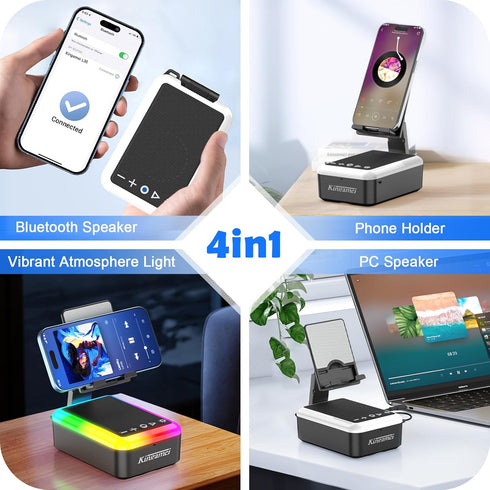 Kingamei 3-in-1 5.3 Cell Phone Stand with Bluetooth Speaker, RGB Colorful Light Desk Phone Holder, Foldable Cool Tech