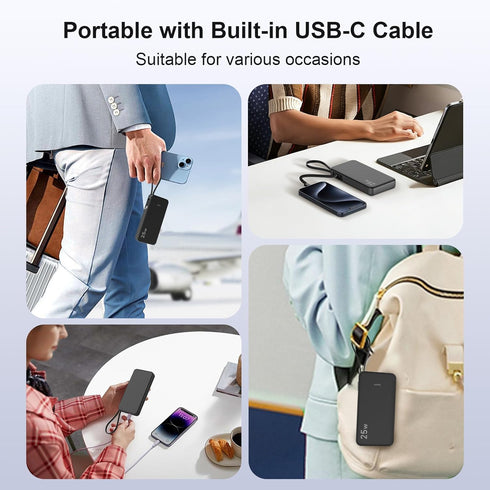 JUOVI 25w 10000mAh Pack 17/16/15 Portable Charger Power Bank with Built-in USB C Cable, Battery Charger Portable LED