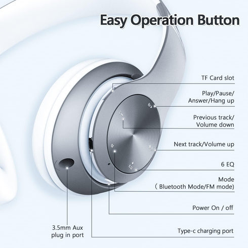 Wireless Bluetooth Headphones, 60 Hours Playtime, Foldable Lightweight Over Ear Hi-Fi Stereo with 6 EQ Modes