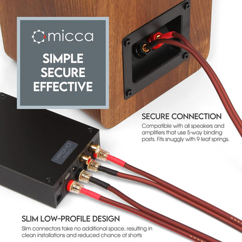 Micca 14 Gauge Pure Copper Speaker Wire, 6 Feet 2 Pack with Gold Plated Banana Plugs, Slim Design for Home Theater