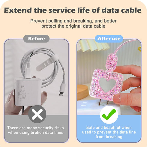 DIY Cable Protector for Apple iPhone Charger, Cute Glitter Bling Love Heart Design, USB Case Wire Cable Saver, Pink