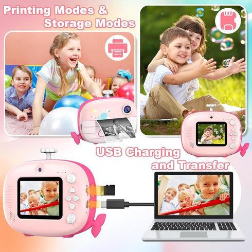 Kids Instant Print Camera, 12MP Ink-Free Printing for Ages 3-10, Selfie Camera for Boys and Girls, Pink