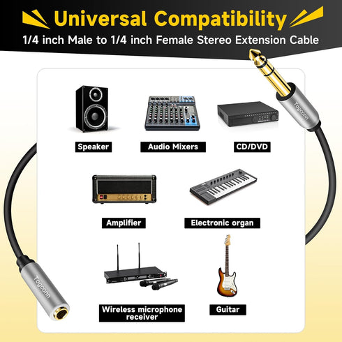 20 Feet 1/4 inch Extension Cable, 6.35mm TRS Male to Female Stereo Adapter Jack, Hi-Fi Sound, Gold Plated Connectors