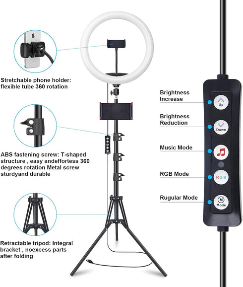 13" Selfie Ring Light with 63" Tripod Stand & 3 Phone Holders, LED Camera Ringlight with RGB Colors for Makeup/Videos
