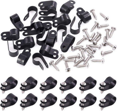 Swpeet 120 Pack Black 1/2 Inch Nylon Plastic R-Type Cable Clips, Screw Mounting Fastener Clips with 120 Screws