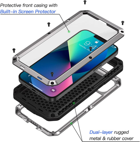 Lanhiem Heavy Duty Metal Case for iPhone 13, Shockproof Tough Rugged Cover with Built-in Glass Screen Protector, 360