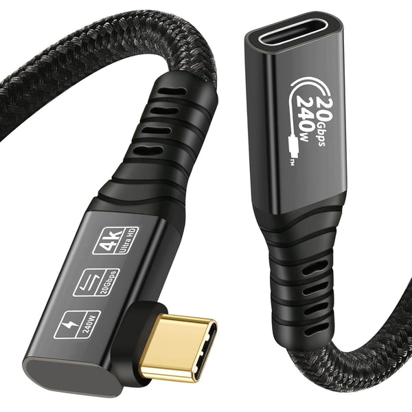 20Gbps USB C 3.2 Extension Cable, 90 Degree Type-C Male to Female Extender, 4K@60Hz 240W Charging & Data Transfer
