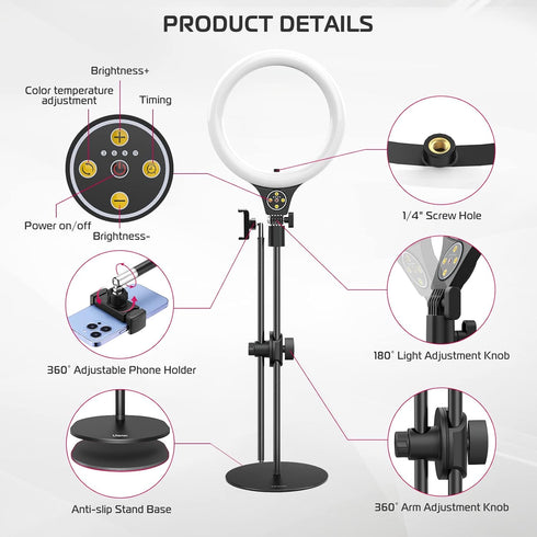 ULANZI Overhead Phone Mount with 10" Selfie Ring Light, Tabletop Light Stand with 360° Shooting Arm for Video Recording