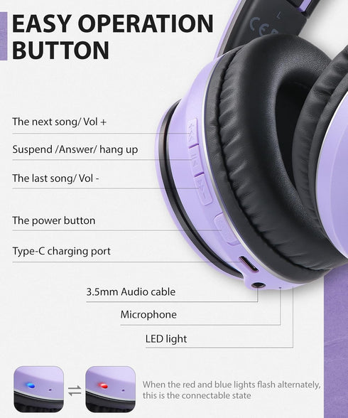 rockpapa E7 Over Ear Wireless Bluetooth Headphones with Mic, Foldable Wired/Wireless Headphones for Kids, Purple Black