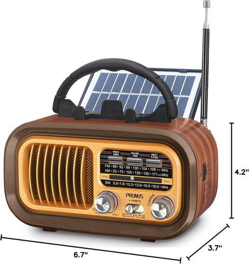 PRUNUS J-150 Bluetooth Retro Vintage Radio, Portable AM FM Transistor Radio, Solar/Battery Operated, TWS