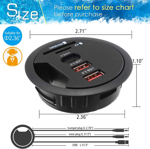 Grommet Desk-Fit USB 3.0 Hub, 2 Port Type-A and 1 Port Type-C with SD/TF Card Reader, Includes Power Adapter