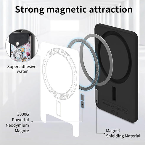 Card Holder for MagSafe Wallet with Ring for iPhone 15/14/13/12 Series, Strong Magnetic Floral Black Wallet Fit 5 Cards