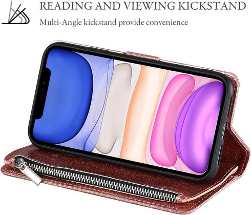 UEEBAI Wallet Case for iPhone 11 - PU Leather Magnetic Closure Handbag with Zipper Pocket, Glitter Pink