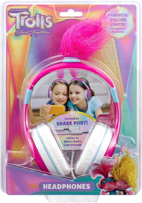 eKids Trolls Band Together Headphones for Kids, Wired, Tangle Free with Volume Control, 3.5mm Jack, Headphone Splitter