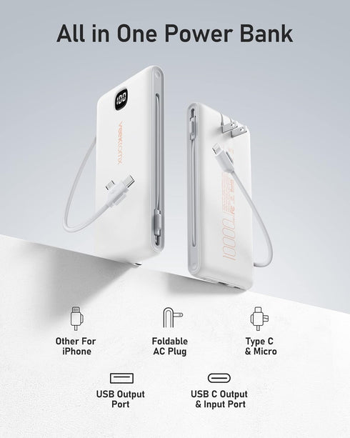 VEEKTOMX 10000mAh, Pack 17/16/15/14, Portable Charger with Built in Cables Power Bank for iPhone with AC Wall Plug