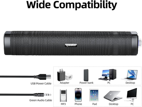 USB Computer Speakers with 3.5 mm Aux, Wired USB Powered SoundBar with Colorful LED Lights for Monitor, Laptop, Phone