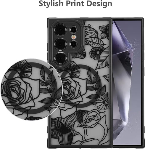 XIZYO Floral Rose Magnetic Case for Samsung Galaxy S24 Ultra - Slim TPU, Shockproof, MagSafe Compatible, Black
