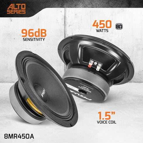 PRV AUDIO 8MR450A 8 Inch Midrange Speaker, 8 Ohms, 450 Watts, 96 dB, Mid Range Loudspeaker for High Output Pro Sound
