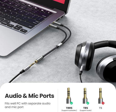 UGREEN Headphone Splitter for Computer 3.5mm Female to 2 Dual 3.5mm Male Braided Audio Splitter Cable