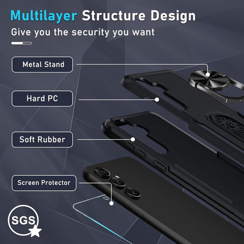 Janmitta Galaxy S23 FE Case, Heavy Duty Shockproof Cover with Rotatable Ring & 2 Screen Protectors, 2023 Black Matte