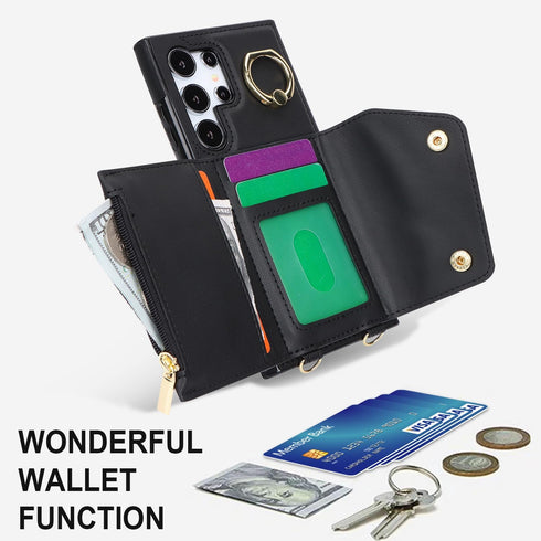 for Samsung Galaxy S24 Ultra Phone Case for Women, Crossbody Wallet Case with Credit Card Holder, Shockproof Black