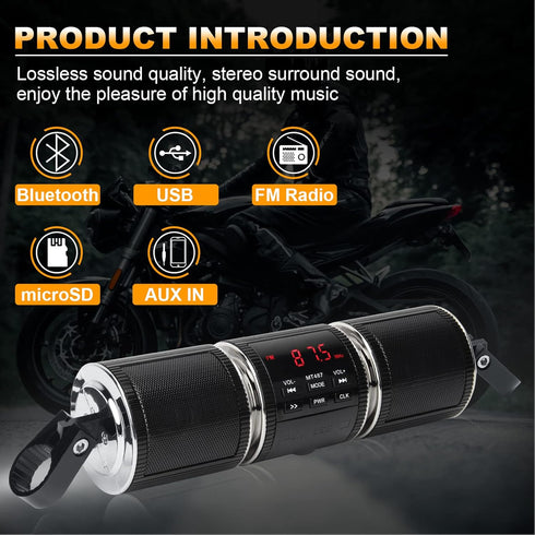Motorcycle Speaker Systems BT Waterproof Stereo Speakers Bar Mount 7/8-1.25 inch with AUX-in, USB, microSD, FM Radio