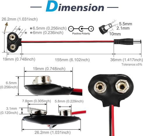 CHANZON UL Wires 9v Battery Connector Plug, 5 Pack Jack T-Type for Arduino Battery Power Leather Clip with Center