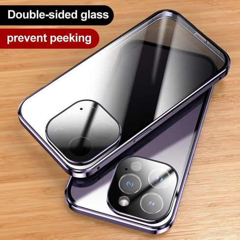 iPhone 15 Pro Anti-Peeping Case: 360° Full Body Privacy Screen, Clear Tempered Glass, Magnetic Metal Bumper, Black.