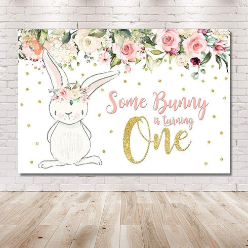 MEHOFOTO 8x6ft Bunny Girl One Birthday Party Backdrop - Spring Pink Floral Glitter Gold Rabbit Photography Background