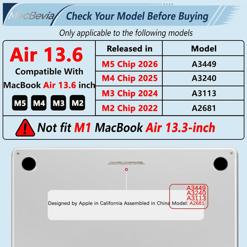 MecBevia 2026 M5 13 inch 2026 2025 2024-2022 M5 A3449 M4 A3240 M3 A3113 M2 A2681, Compatible with MacBook Air Case