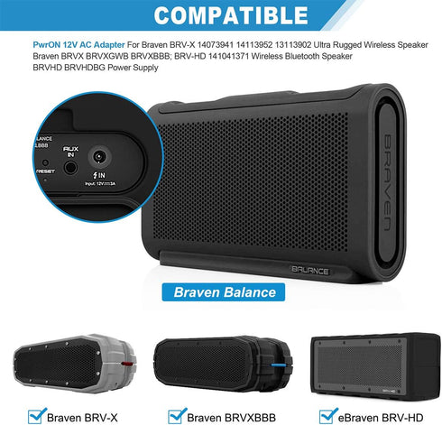PwrON 12V AC Adapter for Braven BRV-X Ultra Rugged Wireless Speaker, Power Supply for BRV-HD Bluetooth Speaker